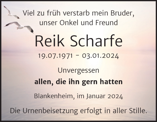 Traueranzeige von Reik Scharfe von Trauerkombi Sangerhausen