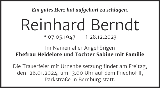Traueranzeige von Reinhard Berndt von Trauerkombi Bernburg