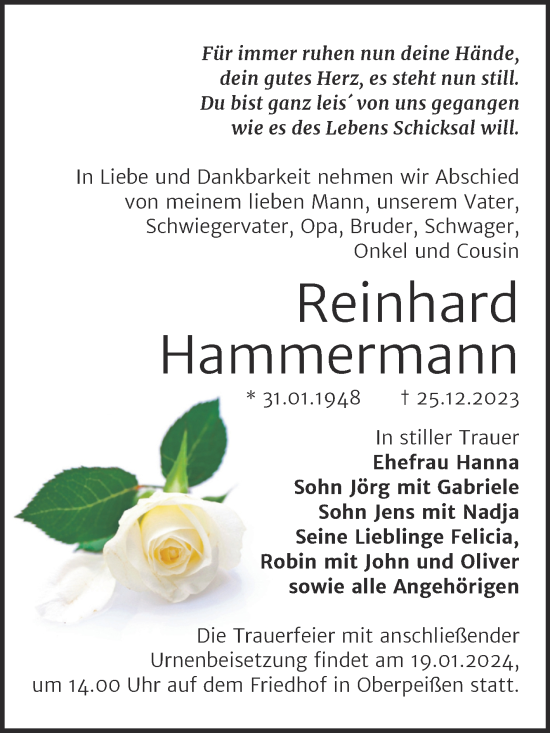 Traueranzeige von Reinhard Hammermann von Trauerkombi Bernburg