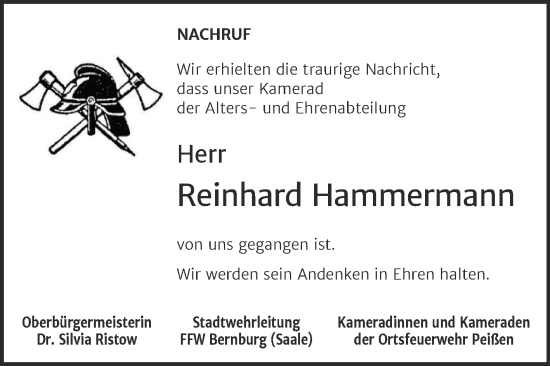 Traueranzeige von Reinhard Hammermann von Super Sonntag Bernburg