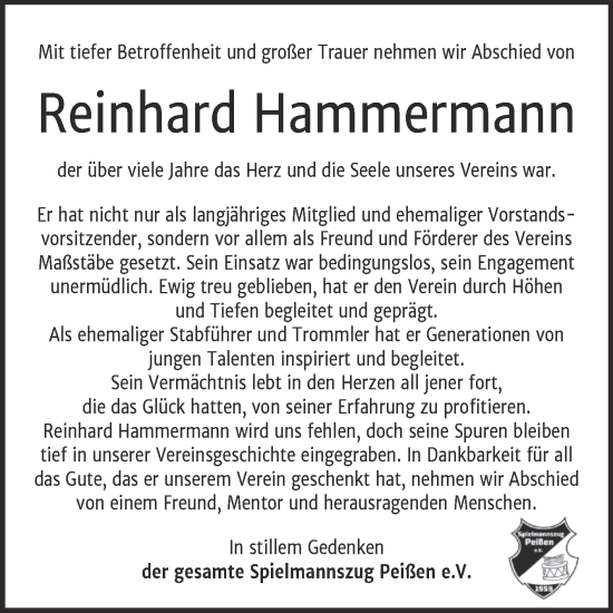 Traueranzeige von Reinhard Hammermann von Super Sonntag Bernburg