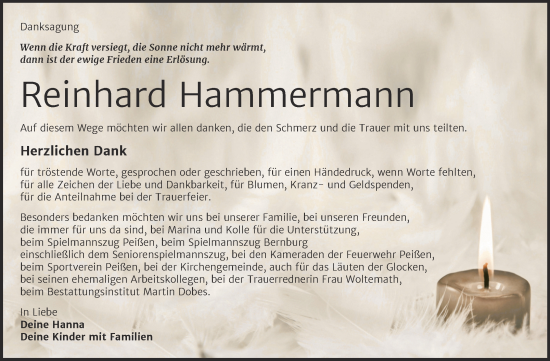 Traueranzeige von Reinhard Hammermann von Trauerkombi Bernburg