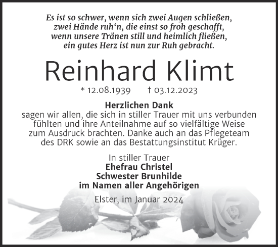 Traueranzeige von Reinhard Klimt von Trauerkombi Wittenberg