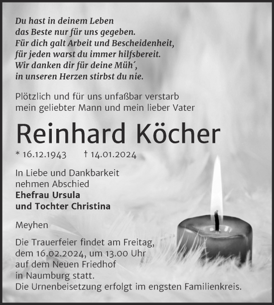 Traueranzeige von Reinhard Köcher von Wochenspiegel Naumburg/Nebra