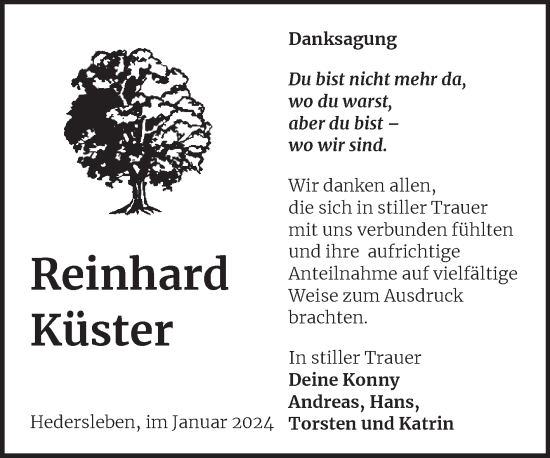 Traueranzeige von Reinhard Küster von Trauerkombi Quedlinburg