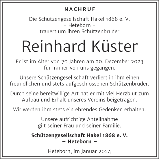 Traueranzeige von Reinhard Küster von Trauerkombi Quedlinburg