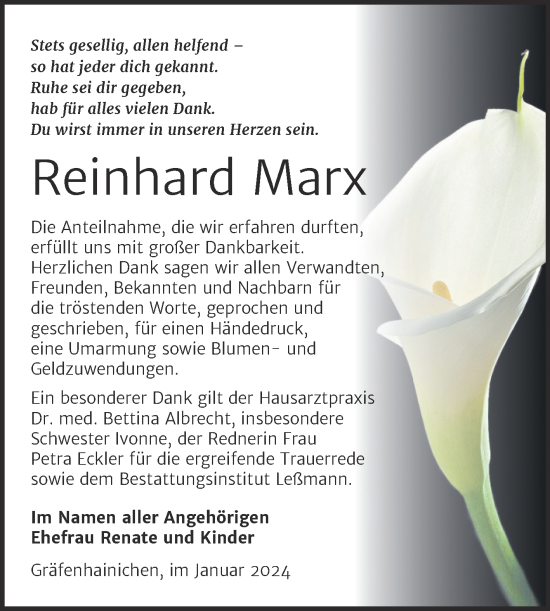Traueranzeige von Reinhard Marx von Trauerkombi Wittenberg