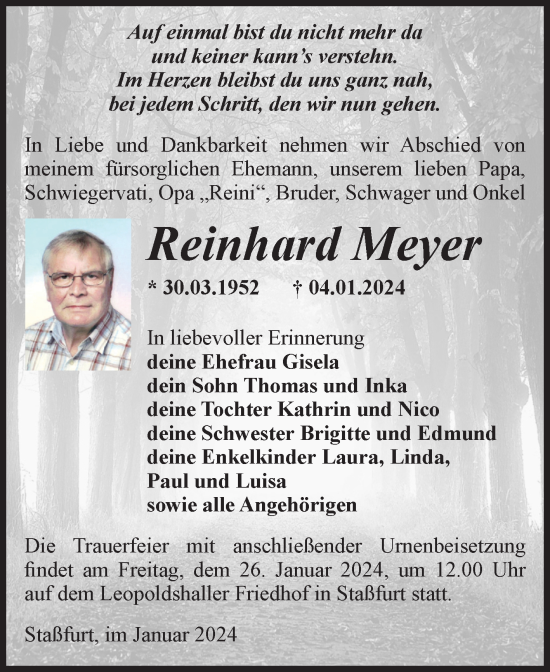 Traueranzeige von Reinhard Meyer von Volksstimme Staßfurt