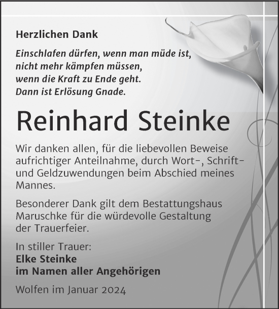 Traueranzeige von Reinhard Steinke von Trauerkombi Bitterfeld