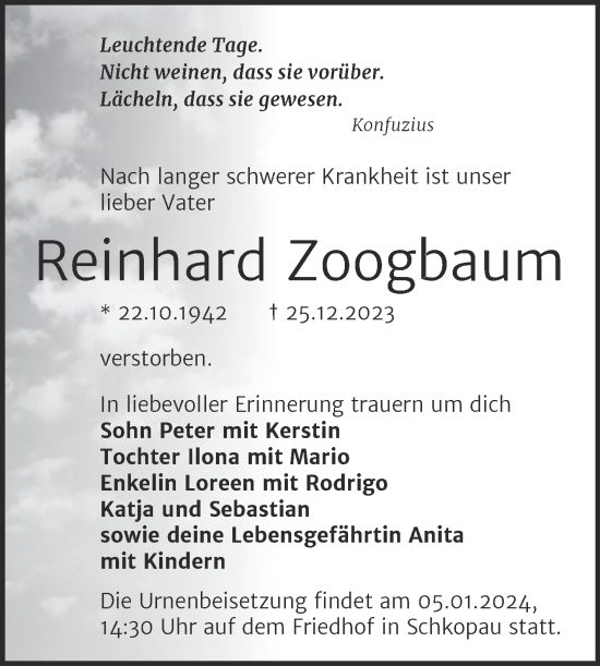 Traueranzeige von Reinhard Zoogbaum von Mitteldeutsche Zeitung Merseburg/Querfurt