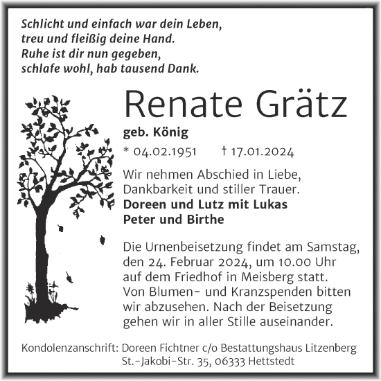 Traueranzeige von Renate Grätz von Trauerkombi Mansfelder Land