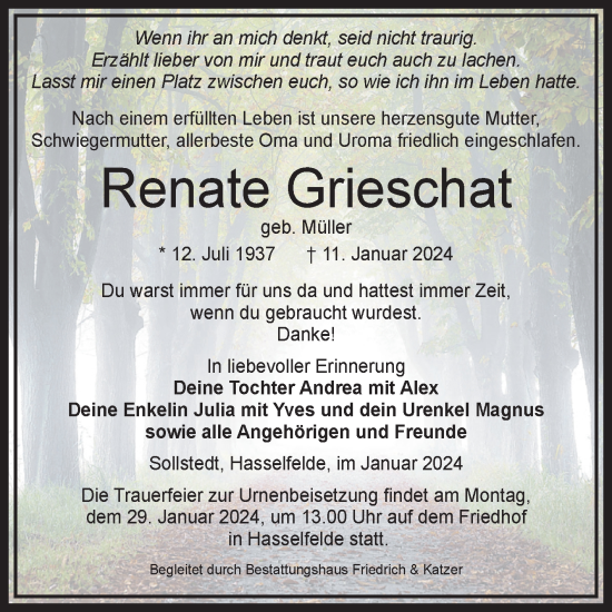 Traueranzeige von Renate Grieschat von Volksstimme Wernigerode