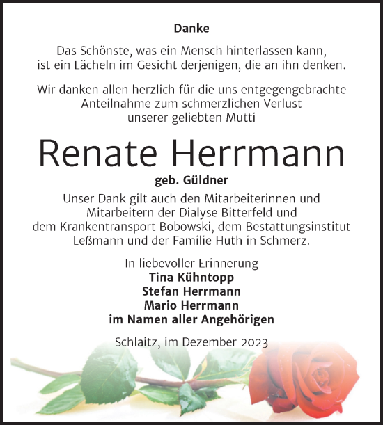 Traueranzeige von Renate Herrmann von Trauerkombi Bitterfeld
