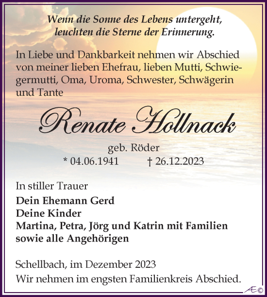 Traueranzeige von Renate Hollnack von Super Sonntag Zeitz