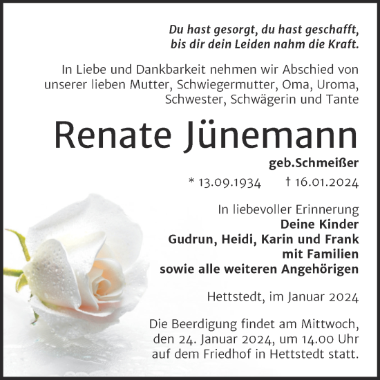 Traueranzeige von Renate Jünemann von Mitteldeutsche Zeitung Mansfelder Land