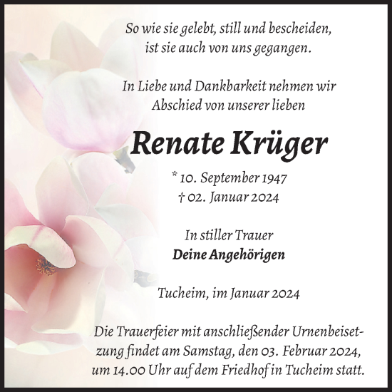 Traueranzeige von Renate Krüger von Volksstimme Burg/Genthin