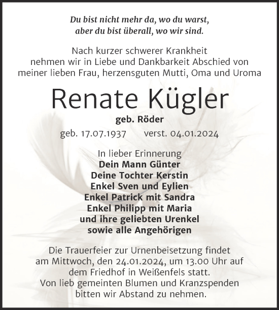 Traueranzeige von Renate Kügler von Trauerkombi Weißenfels