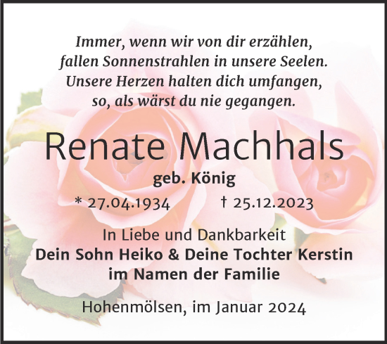 Traueranzeige von Renate Machhals von Trauerkombi Weißenfels