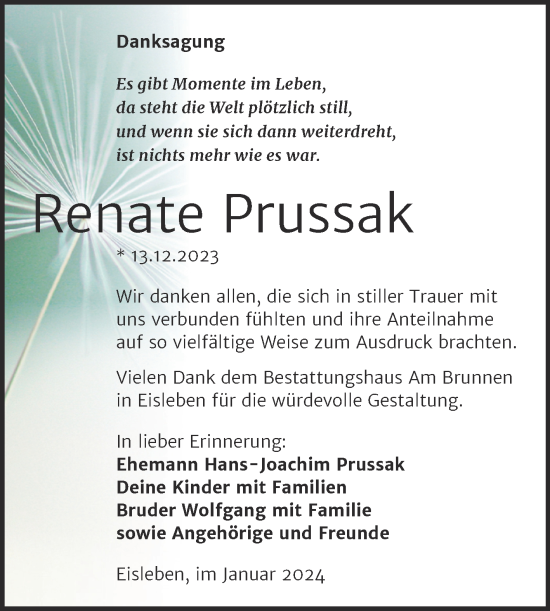 Traueranzeige von Renate Prussak von Mitteldeutsche Zeitung Mansfelder Land