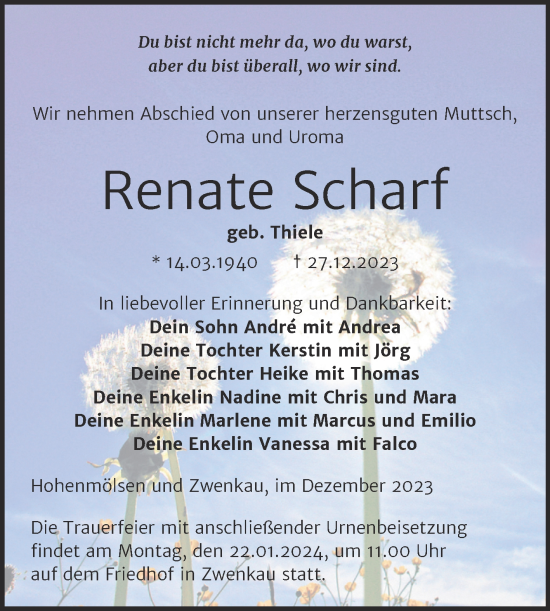 Traueranzeige von Renate Scharf von Trauerkombi Weißenfels