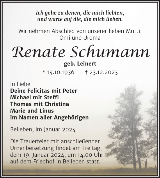 Traueranzeige von Renate Schumann von Trauerkombi Bernburg
