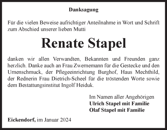 Traueranzeige von Renate Stapel von Volksstimme Schönebeck