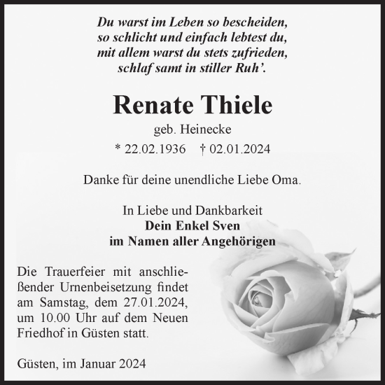 Traueranzeige von Renate Thiele von Volksstimme Staßfurt