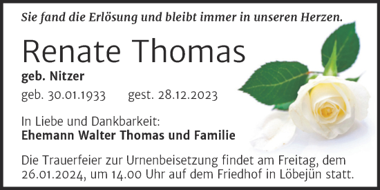 Traueranzeige von Renate Thomas von Mitteldeutsche Zeitung Halle/Saalkreis