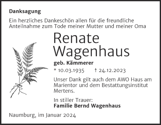 Traueranzeige von Renate Wagenhaus von Wochenspiegel Naumburg/Nebra