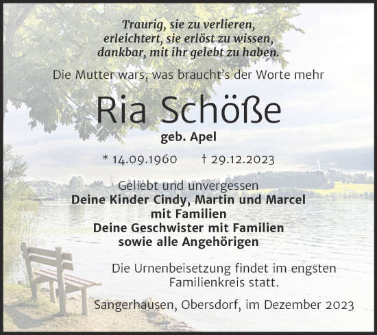 Traueranzeige von Ria Schöße von Trauerkombi Sangerhausen