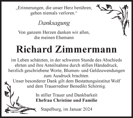 Traueranzeige von Richard Zimmermann von Volksstimme Wernigerode