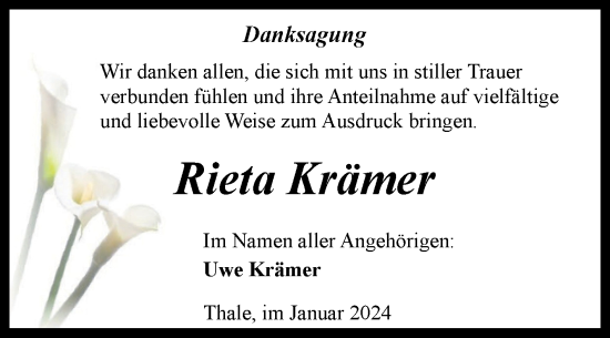 Traueranzeige von Rieta Krämer von Trauerkombi Quedlinburg