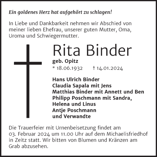 Traueranzeige von Rita Binder von Trauerkombi Zeitz