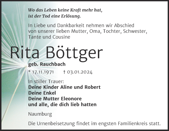 Traueranzeige von Rita Böttger von Wochenspiegel Naumburg/Nebra
