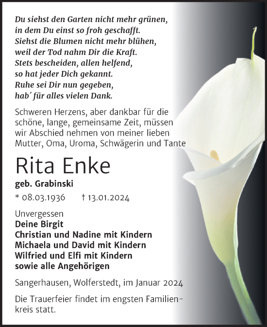 Traueranzeige von Rita Enke von Trauerkombi Sangerhausen