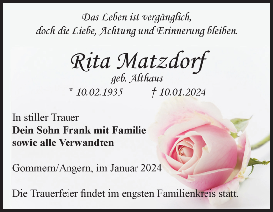 Traueranzeige von Rita Matzdorf von Volksstimme Haldensleben/Wolmirstedt