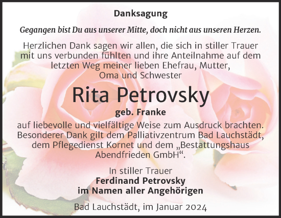 Traueranzeige von Rita Petrovsky von Trauerkombi Merseburg