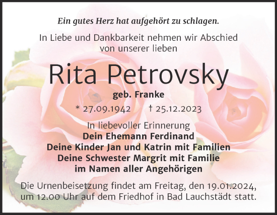 Traueranzeige von Rita Petrovsky von Trauerkombi Merseburg