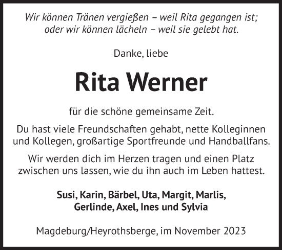 Traueranzeige von Rita Werner von Volksstimme Burg/Genthin