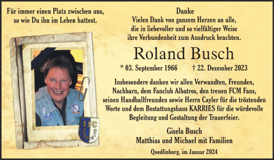Traueranzeige von Roland Busch von Trauerkombi Quedlinburg