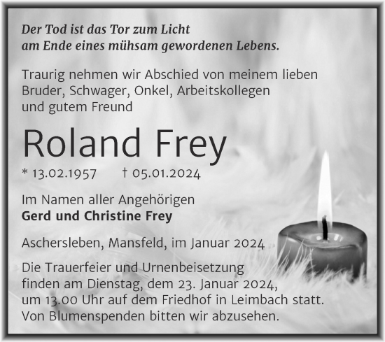 Traueranzeige von Roland Frey von Trauerkombi Aschersleben