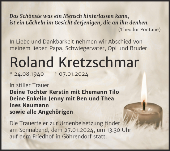Traueranzeige von Roland Kretzschmar von Trauerkombi Merseburg