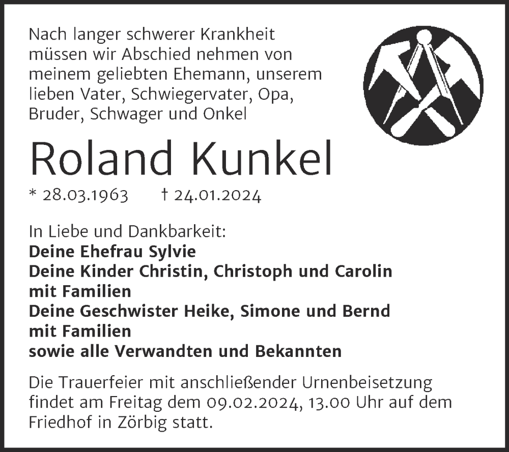  Traueranzeige für Roland Kunkel vom 27.01.2024 aus Trauerkombi Bitterfeld