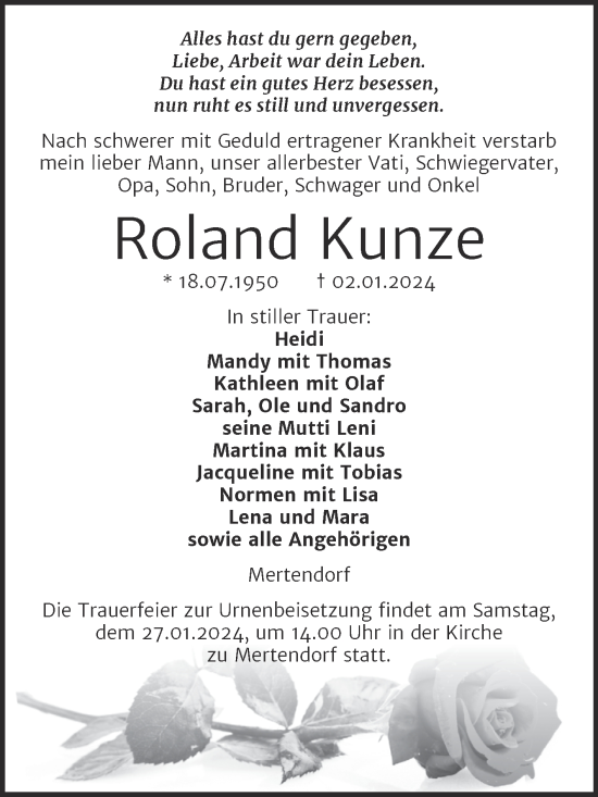 Traueranzeige von Roland Kunze von Super Sonntag Naumburg/Nebra