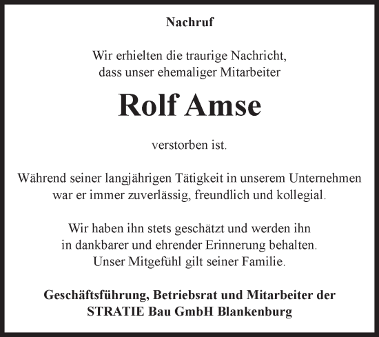 Traueranzeige von Rolf Amse von Mitteldeutsche Zeitung Quedlingburg