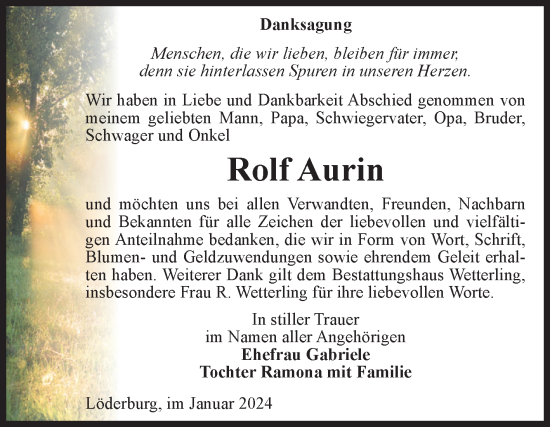 Traueranzeige von Rolf Aurin von Volksstimme Staßfurt