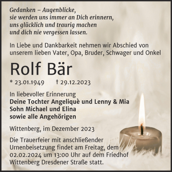 Traueranzeige von Rolf Bär von Trauerkombi Wittenberg