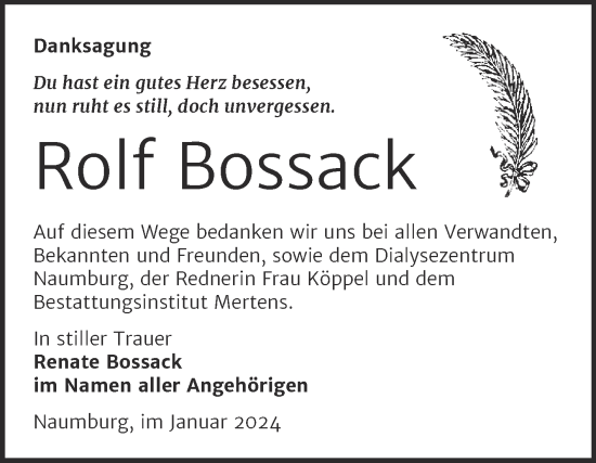 Traueranzeige von Rolf Bossack von Wochenspiegel Naumburg/Nebra