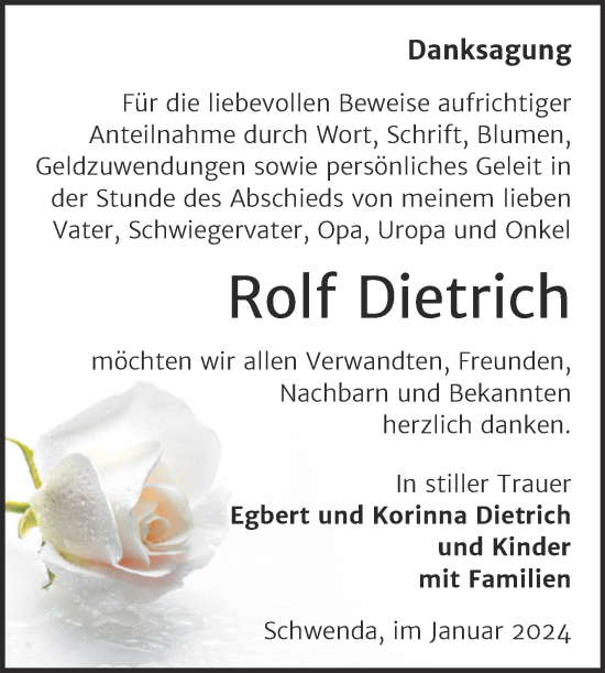 Traueranzeige von Rolf Dietrich von Trauerkombi Sangerhausen