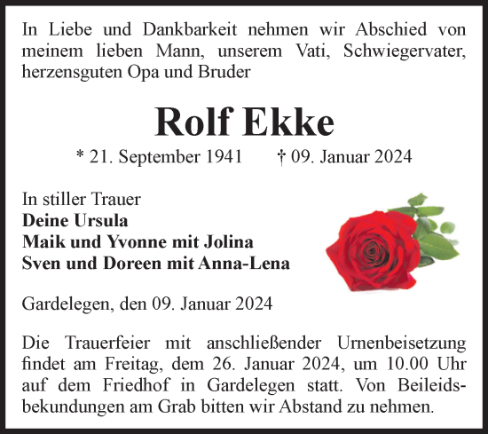 Traueranzeige von Rolf Ekke von Volksstimme Altmark West